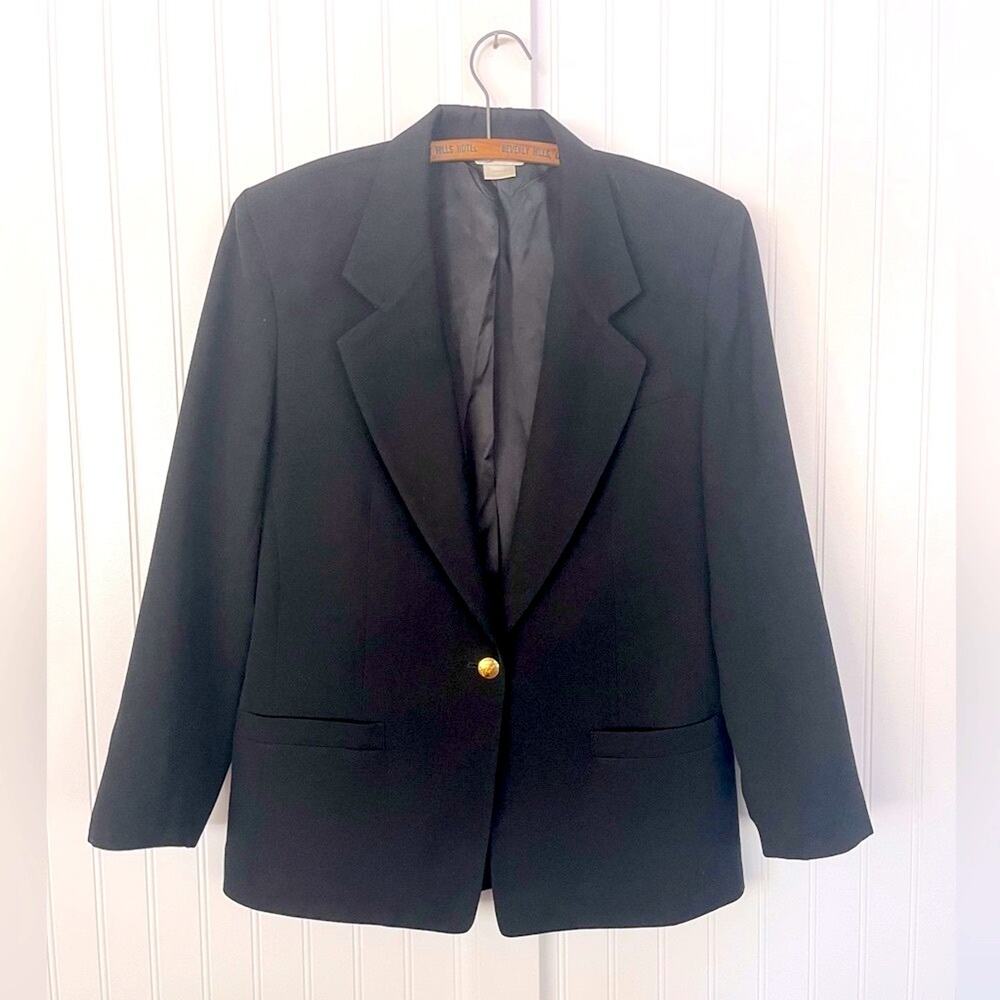 Vintage Tuxedo Style Black Blazer with Gold Buttons Big Shoulders Worsted Wool